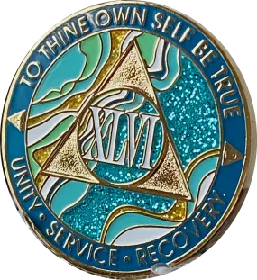 46 Year AA Medallion Elegant Caribbean Aqua Glitter Teal Marble Gold Sobriety Chip