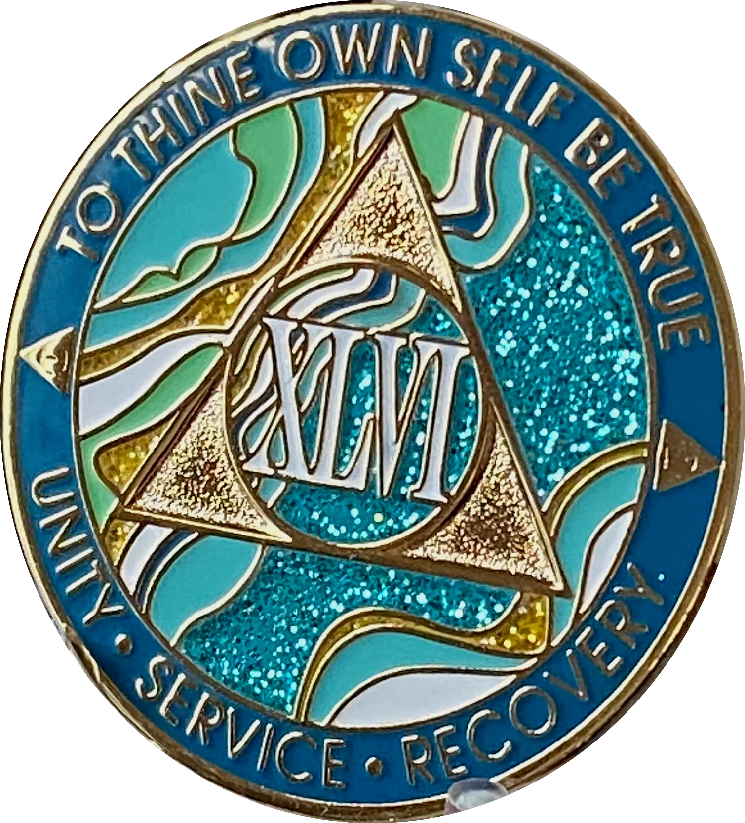 46 Year AA Medallion Elegant Caribbean Aqua Glitter Teal Marble Gold Sobriety Chip