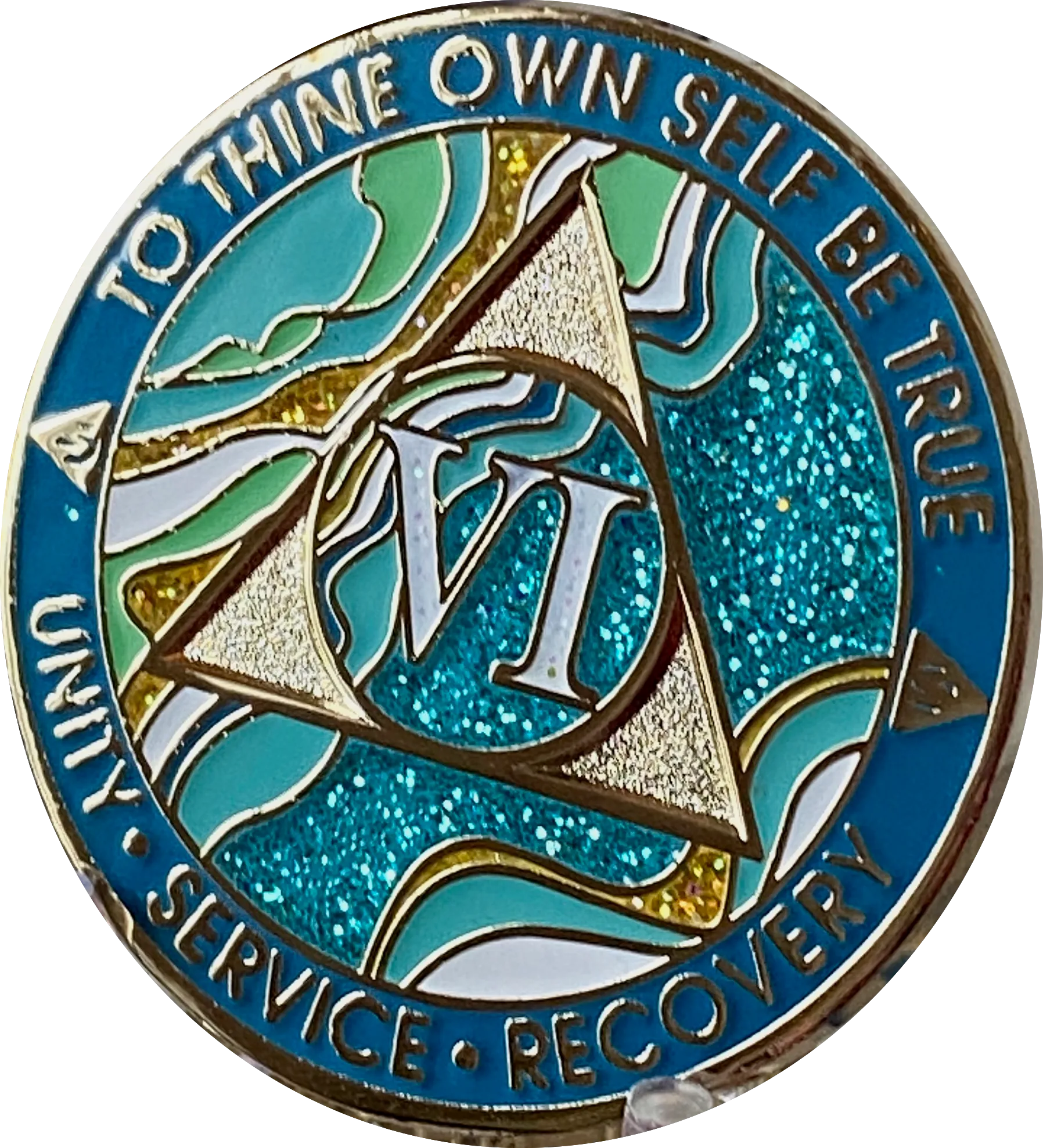 6 Year AA Medallion Elegant Caribbean Aqua Glitter Teal Marble Gold Sobriety Chip