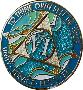 6 Year AA Medallion Elegant Caribbean Aqua Glitter Teal Marble Gold Sobriety Chip