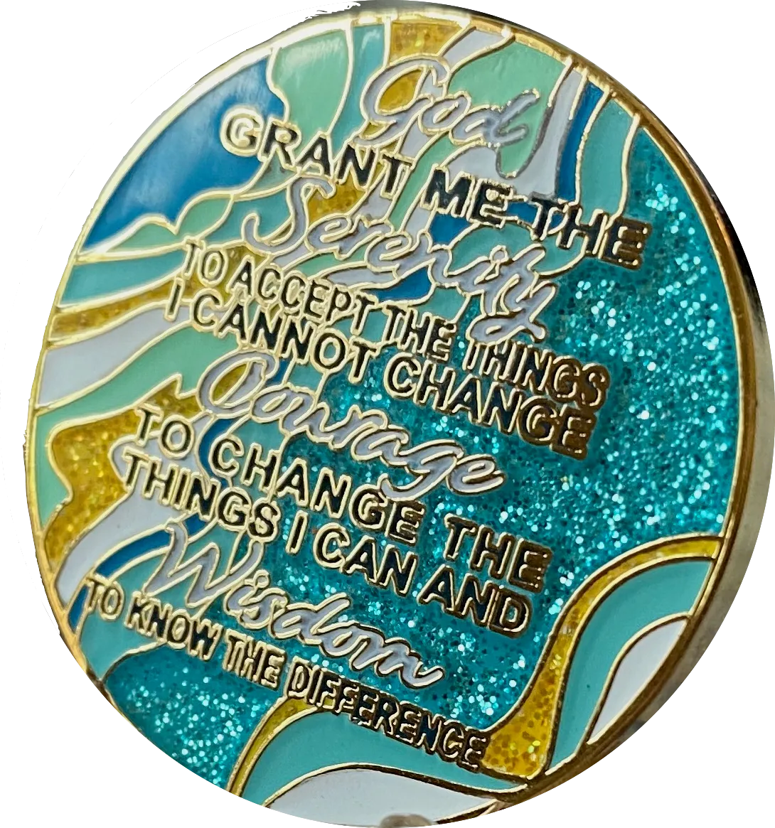 6 Year AA Medallion Elegant Caribbean Aqua Glitter Teal Marble Gold Sobriety Chip