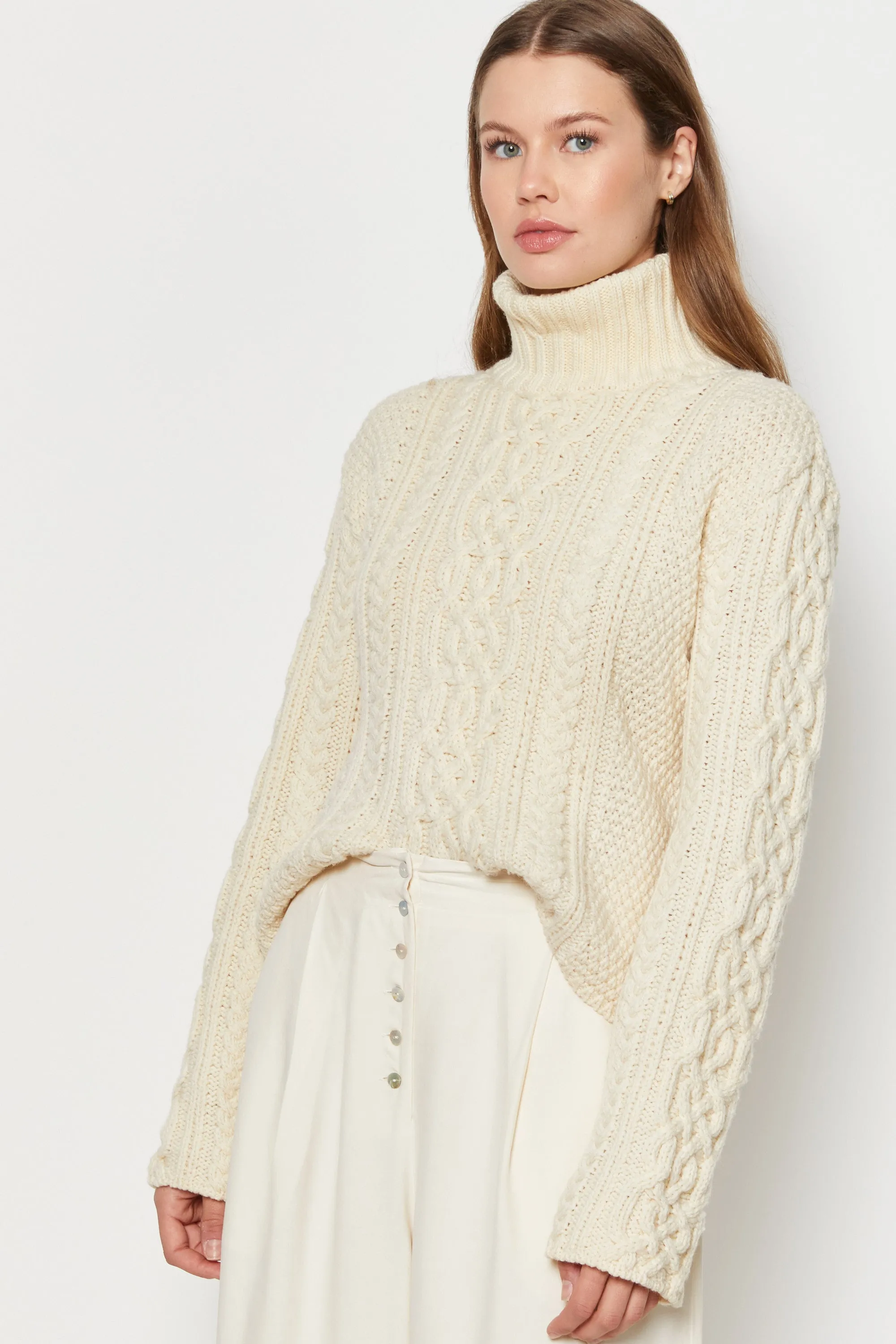 70s Snow Wool Cable Knit Turtle Neck Sweater L