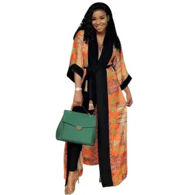 African Clothes Print Jacket Coat Robe with Belt Dashiki Autumn Casual Long Jacket Top