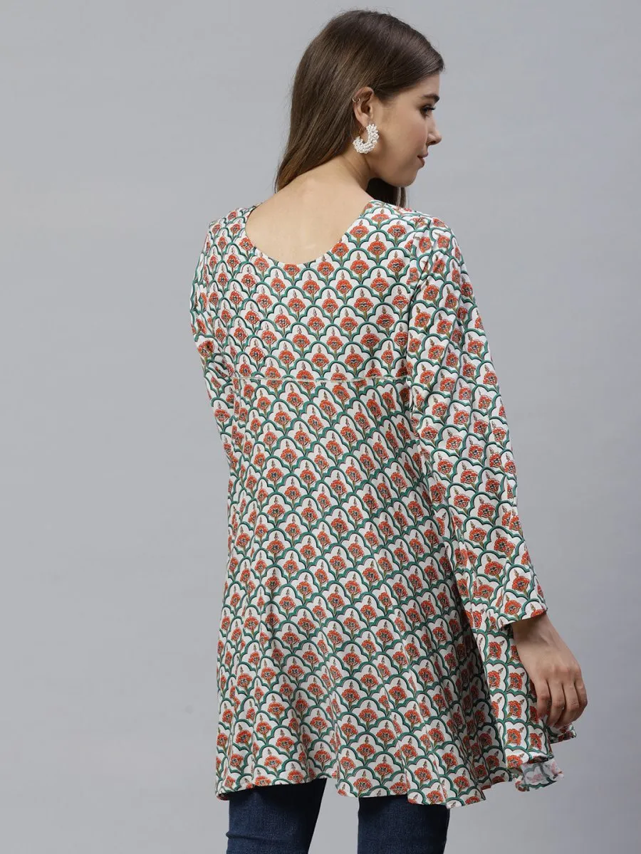 Ahalyaa White & Teal Green Ethnic Printed Asymmetric Tunic