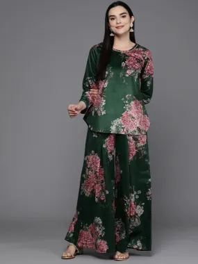 Ahalyaa Women Floral Printed Velvet Tunic with Palazzos - Green Color