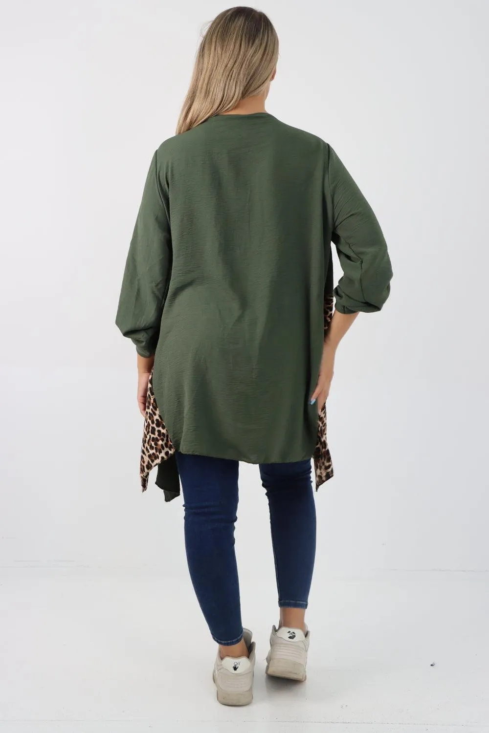 Animal Print Panel Turn Up Sleeve Tunic Top