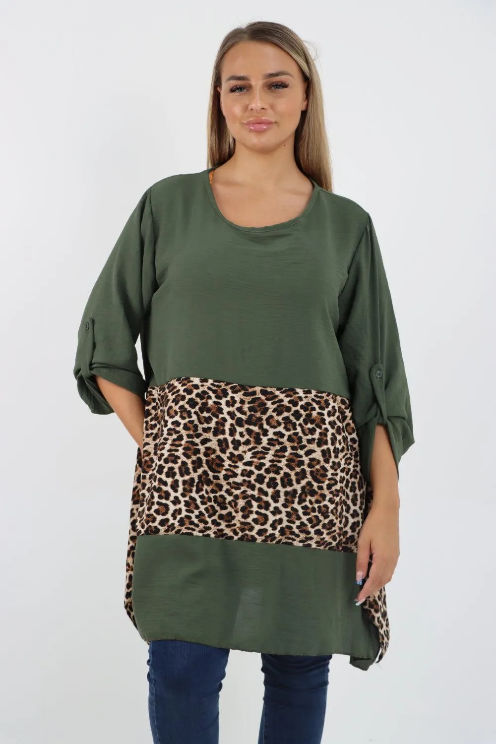 Animal Print Panel Turn Up Sleeve Tunic Top