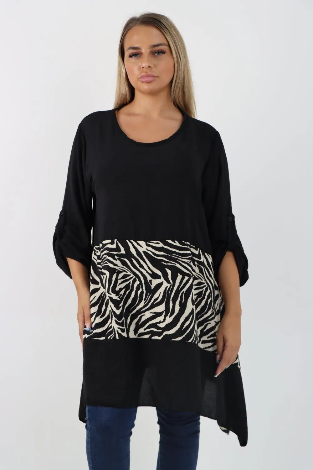 Animal Print Panel Turn Up Sleeve Tunic Top