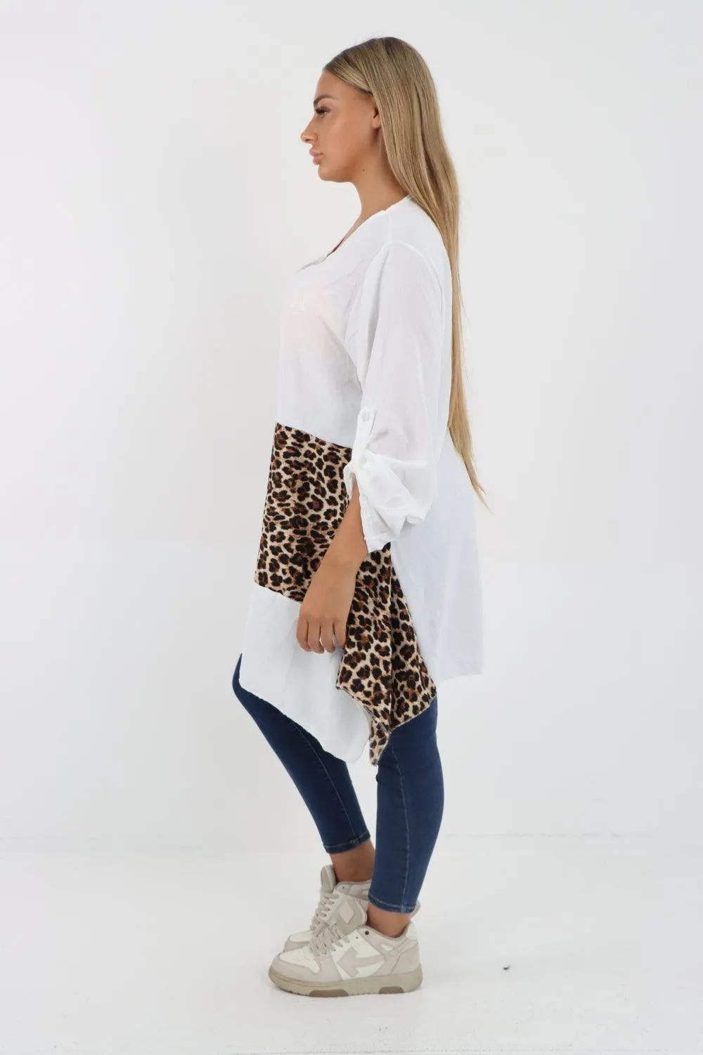 Animal Print Panel Turn Up Sleeve Tunic Top