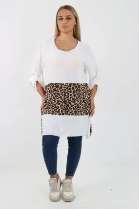 Animal Print Panel Turn Up Sleeve Tunic Top