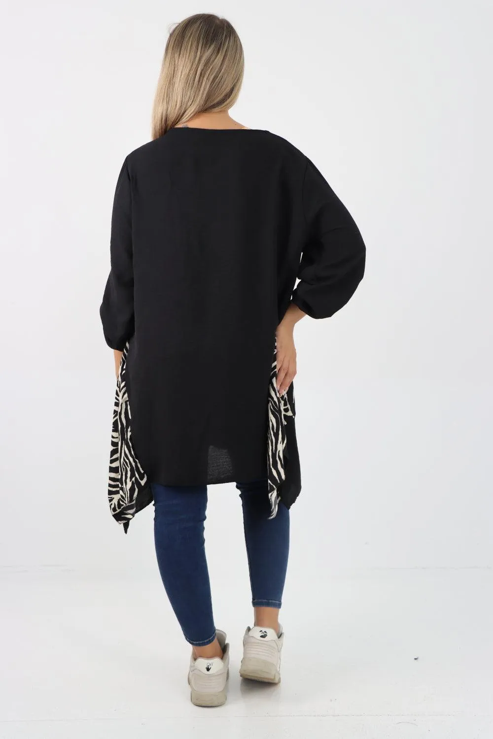 Animal Print Panel Turn Up Sleeve Tunic Top