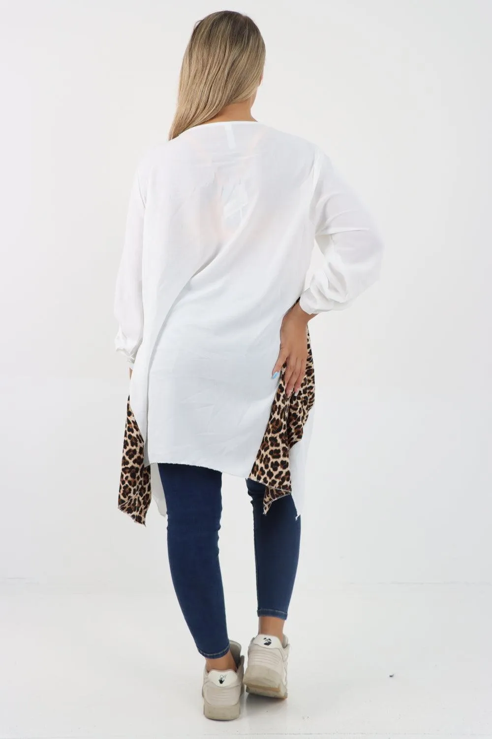 Animal Print Panel Turn Up Sleeve Tunic Top