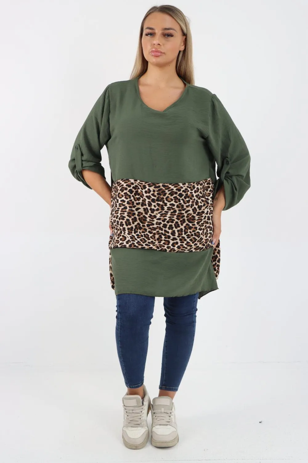 Animal Print Panel Turn Up Sleeve Tunic Top