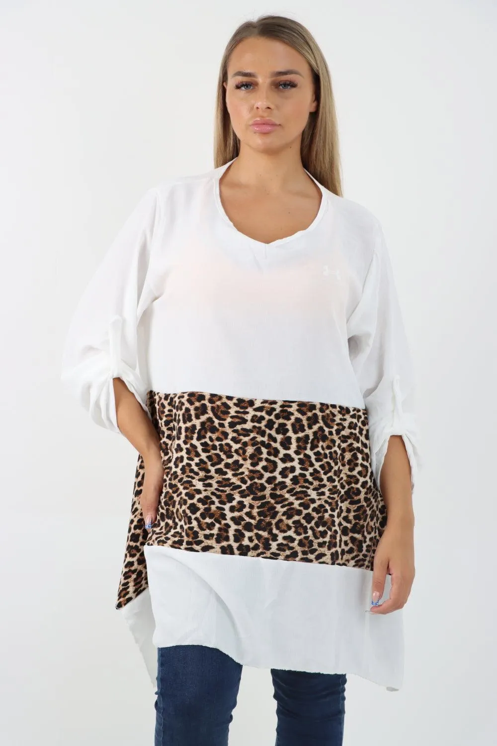 Animal Print Panel Turn Up Sleeve Tunic Top