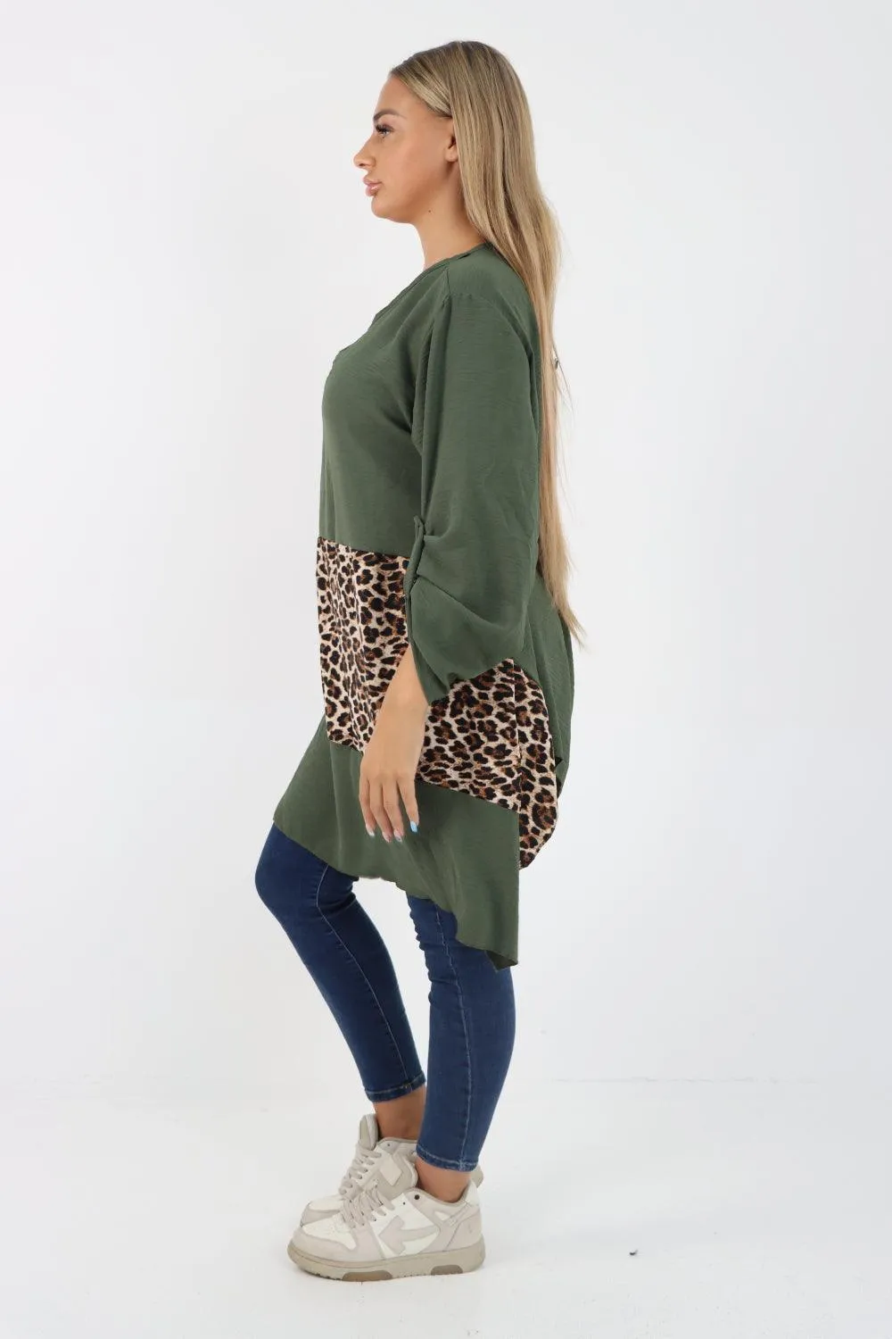 Animal Print Panel Turn Up Sleeve Tunic Top