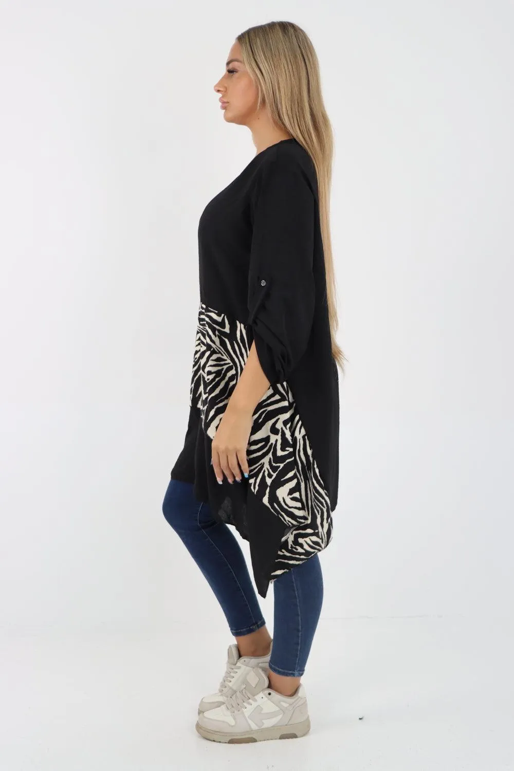 Animal Print Panel Turn Up Sleeve Tunic Top