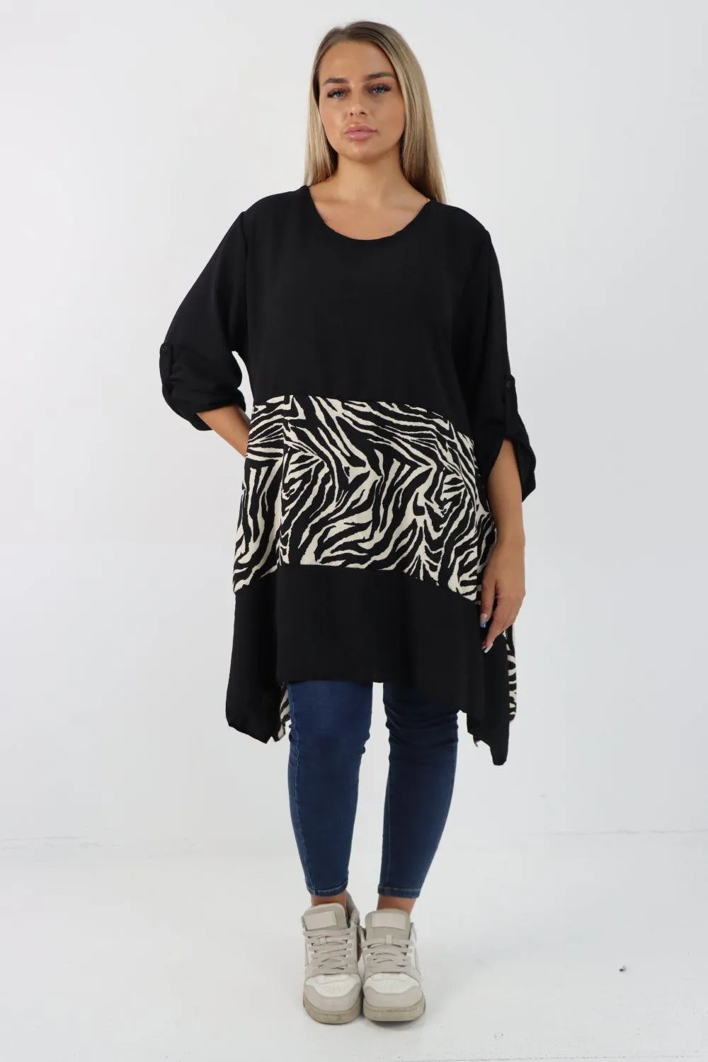 Animal Print Panel Turn Up Sleeve Tunic Top