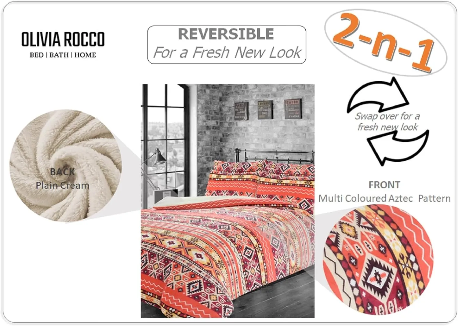 Aztec Print Teddy Fleece Duvet Set with Reversible Sherpa Fur Luxurious Winter Comfort in Single Double King Sizes by OLIVIA ROCCO