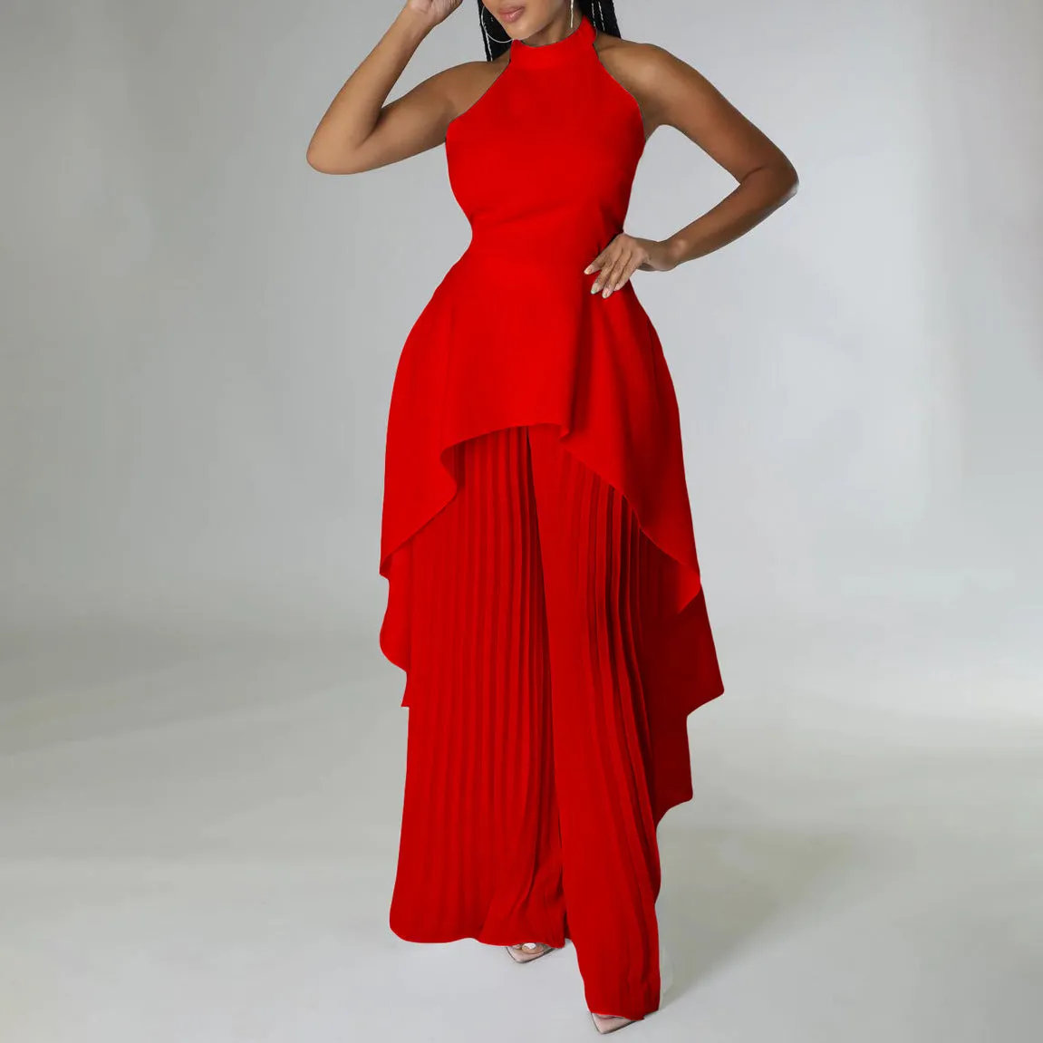 Back-Revealing Pleated Wide-Leg Pants Casual Dress