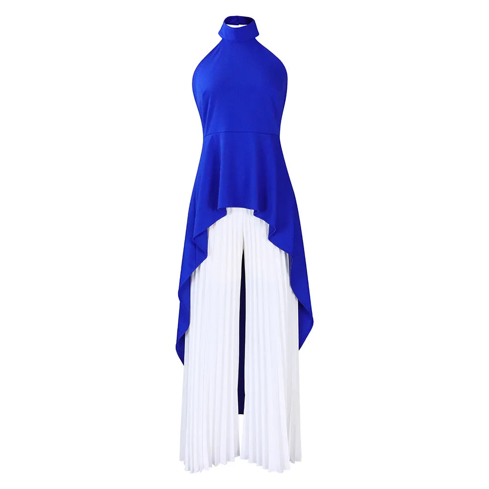 Back-Revealing Pleated Wide-Leg Pants Casual Dress