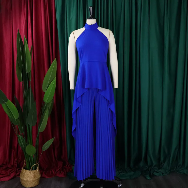 Back-Revealing Pleated Wide-Leg Pants Casual Dress