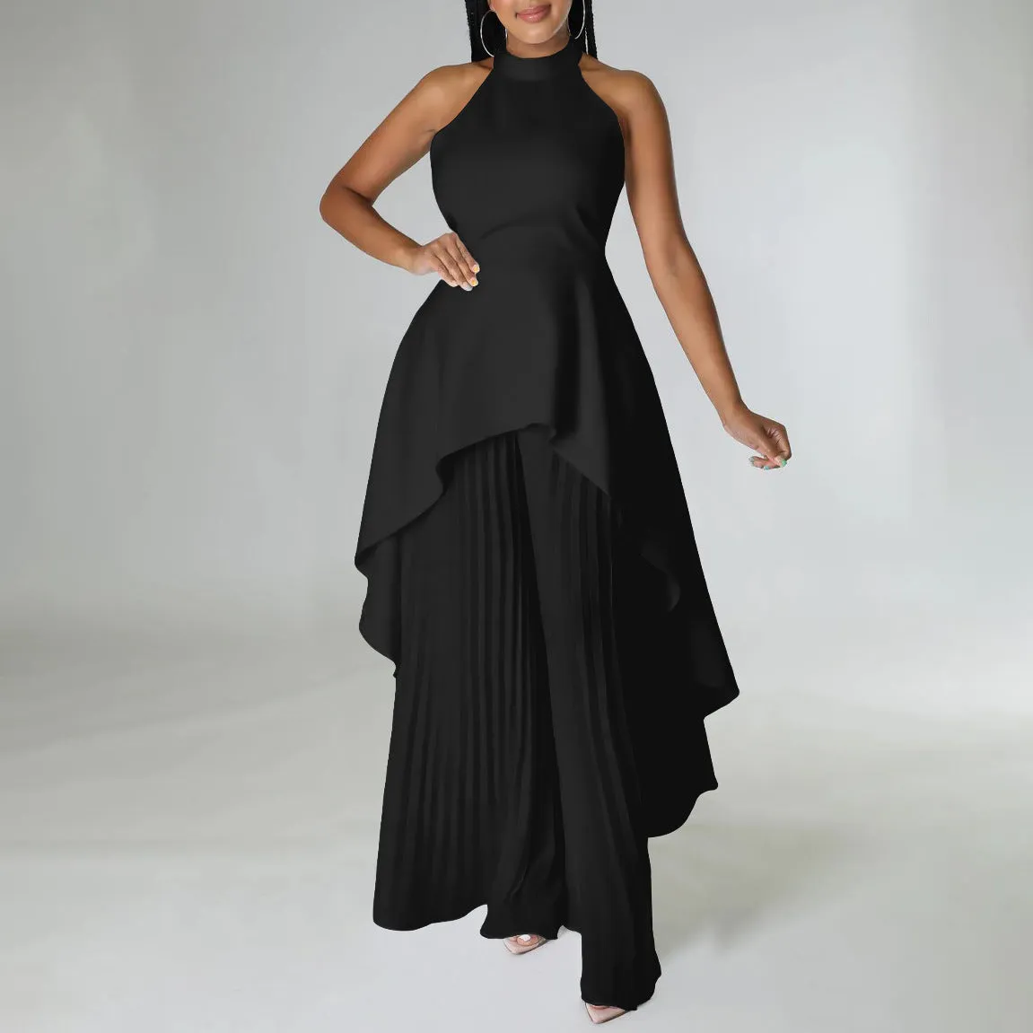 Back-Revealing Pleated Wide-Leg Pants Casual Dress