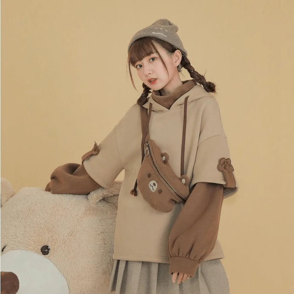 Bear Paw Faux Layered Look Women's Hoodie and Bag Girls Fashion Long Sleeve Super Cute Hooded Sweatshirt Kawaii