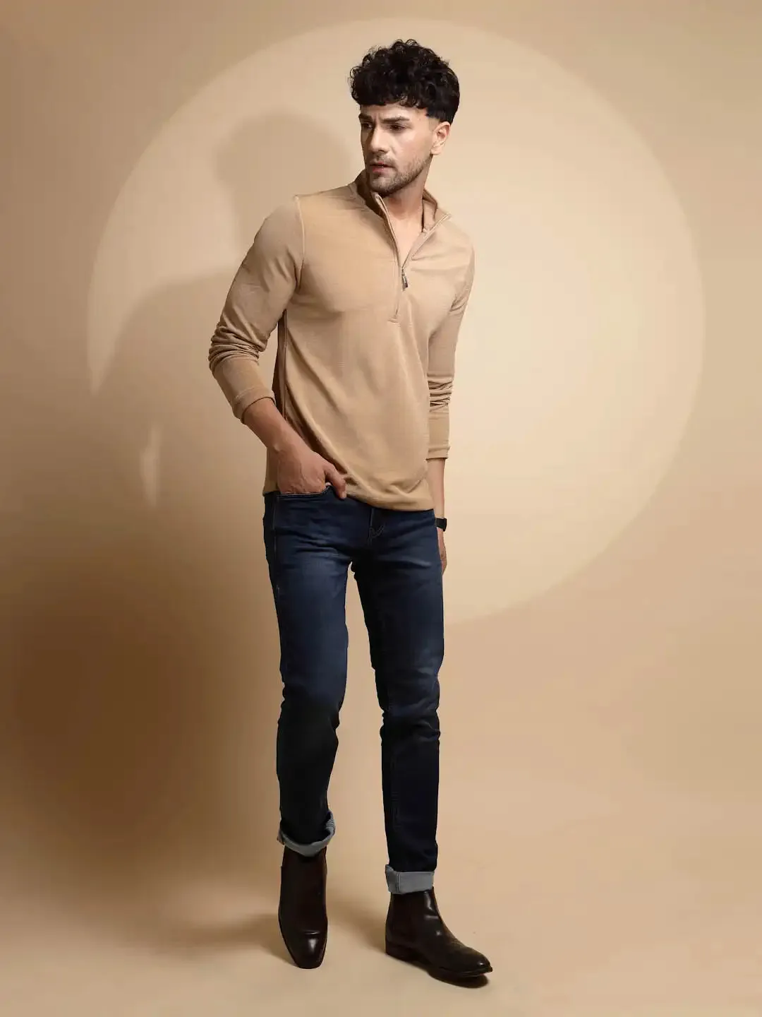 Beige Solid Full Sleeve Collared Neck T-Shirt