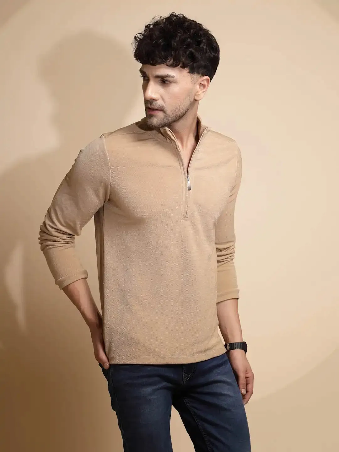 Beige Solid Full Sleeve Collared Neck T-Shirt