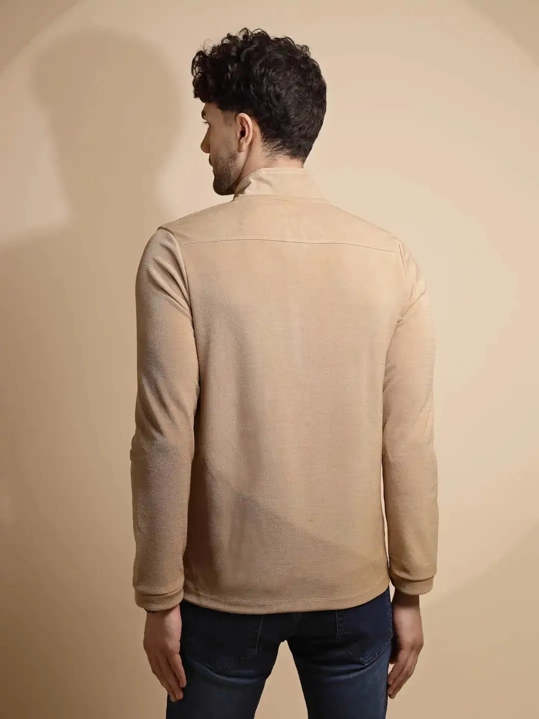 Beige Solid Full Sleeve Collared Neck T-Shirt