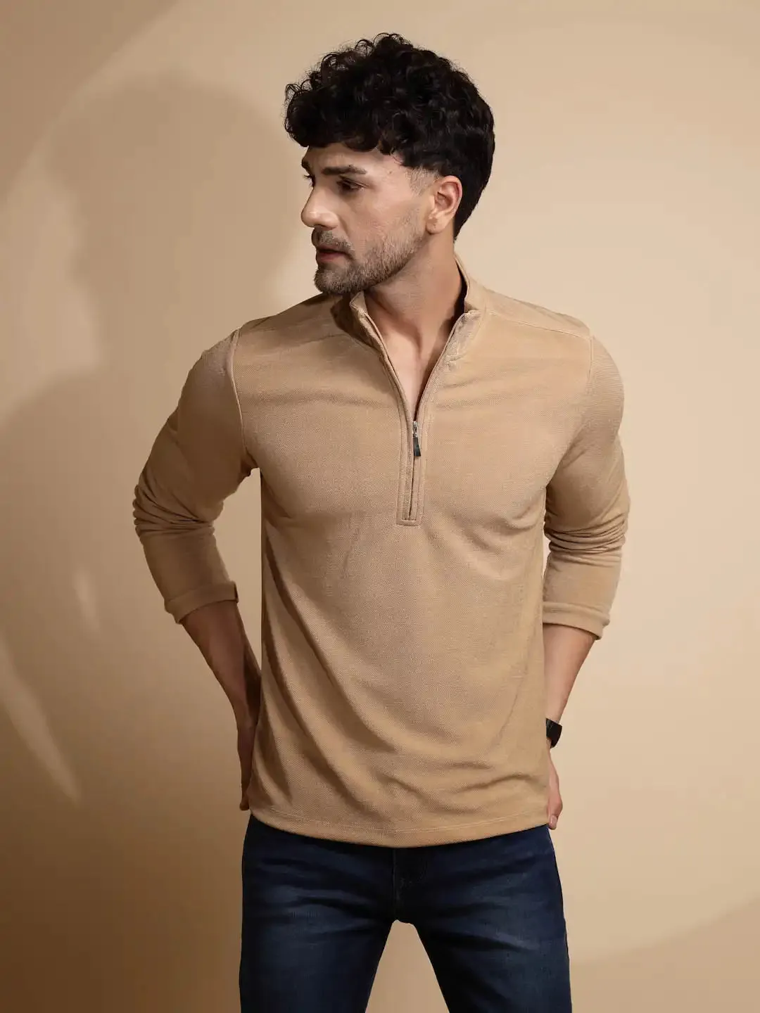 Beige Solid Full Sleeve Collared Neck T-Shirt