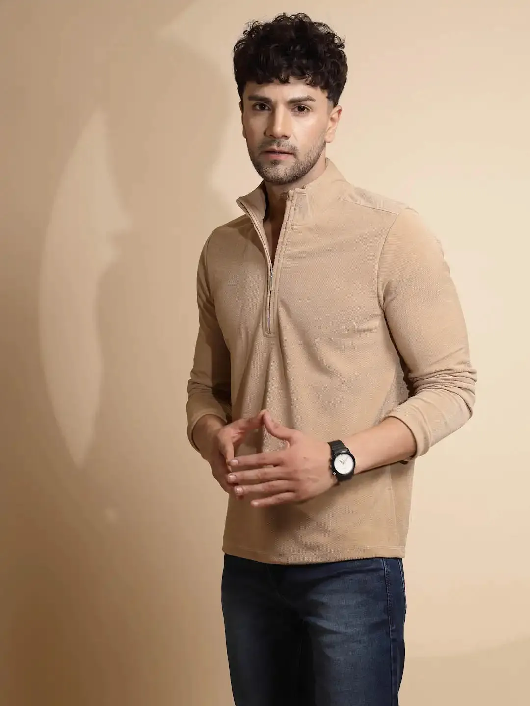 Beige Solid Full Sleeve Collared Neck T-Shirt