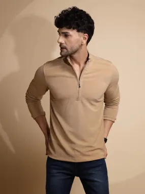 Beige Solid Full Sleeve Collared Neck T-Shirt