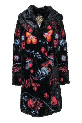 Biya Johnny Was - Black Faux Fur Floral Embroidered Hooded Longline Coat Sz XS