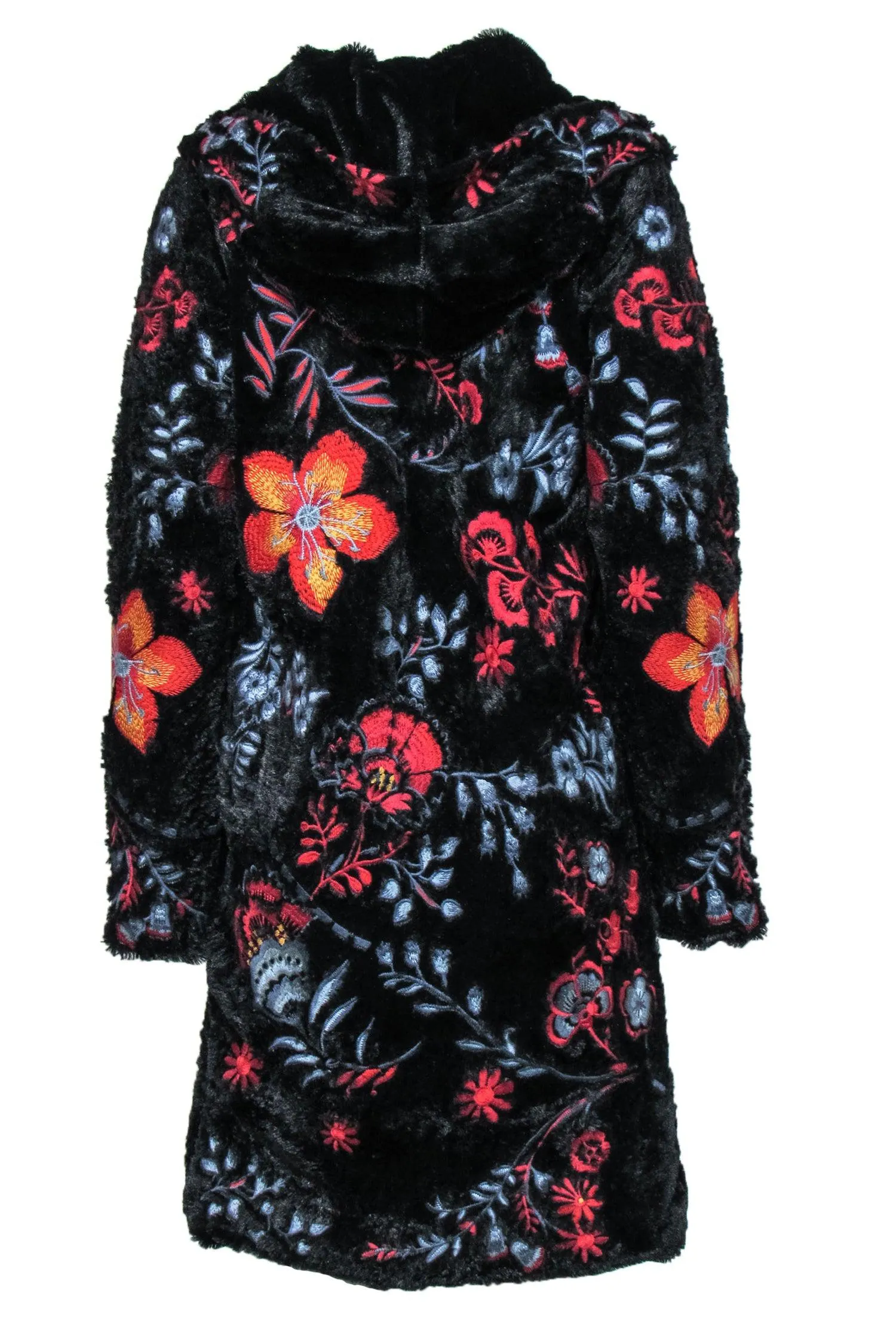 Biya Johnny Was - Black Faux Fur Floral Embroidered Hooded Longline Coat Sz XS