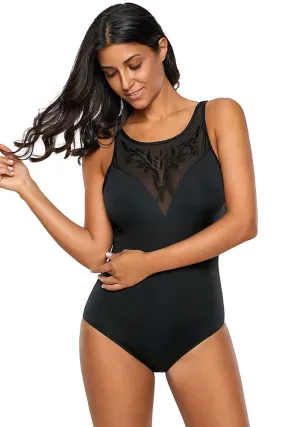 Black Embroidered Detail Mesh Bust Teddy Swimsuit