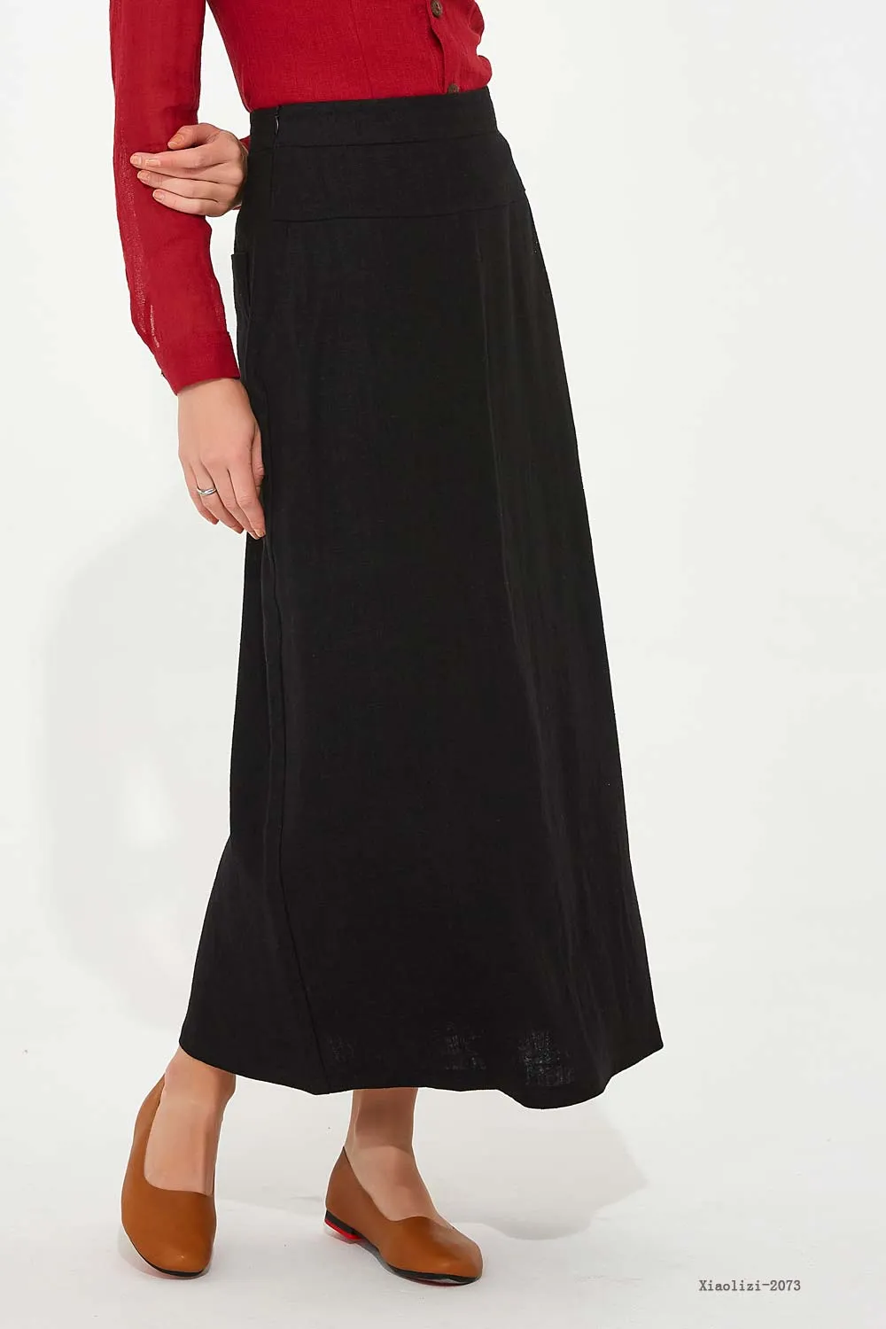 black long straight skirt, high waisted linen skirt 2073#