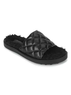 Black PU Faux Fur Quilted Slip Ons