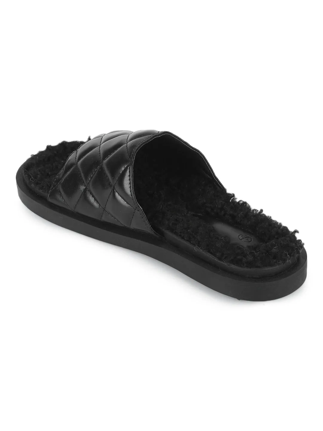 Black PU Faux Fur Quilted Slip Ons