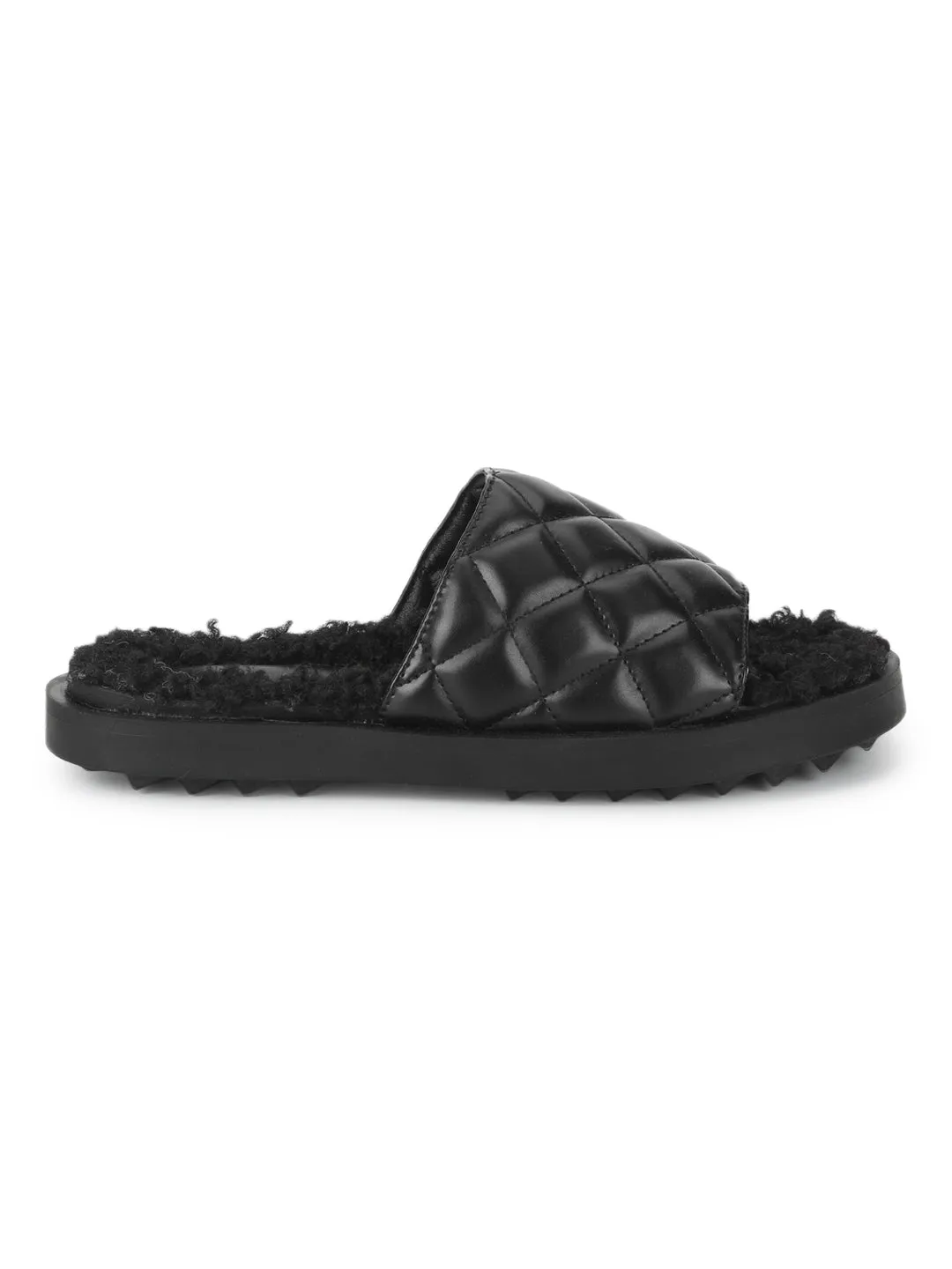 Black PU Faux Fur Quilted Slip Ons