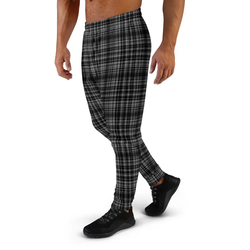 Black Tartan Plaid Men's Joggers, Best Premium Men's Sweatpants Pants- Made in EU