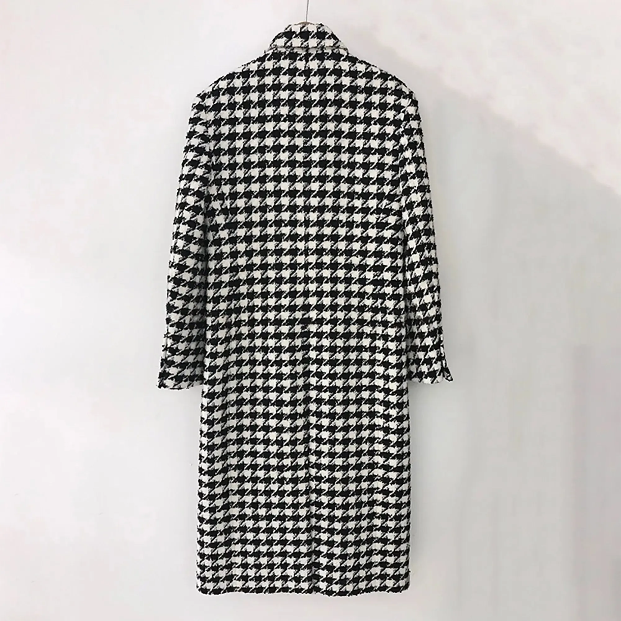 Black White Houndstooth Double Breasted Wool Blend Long Coat