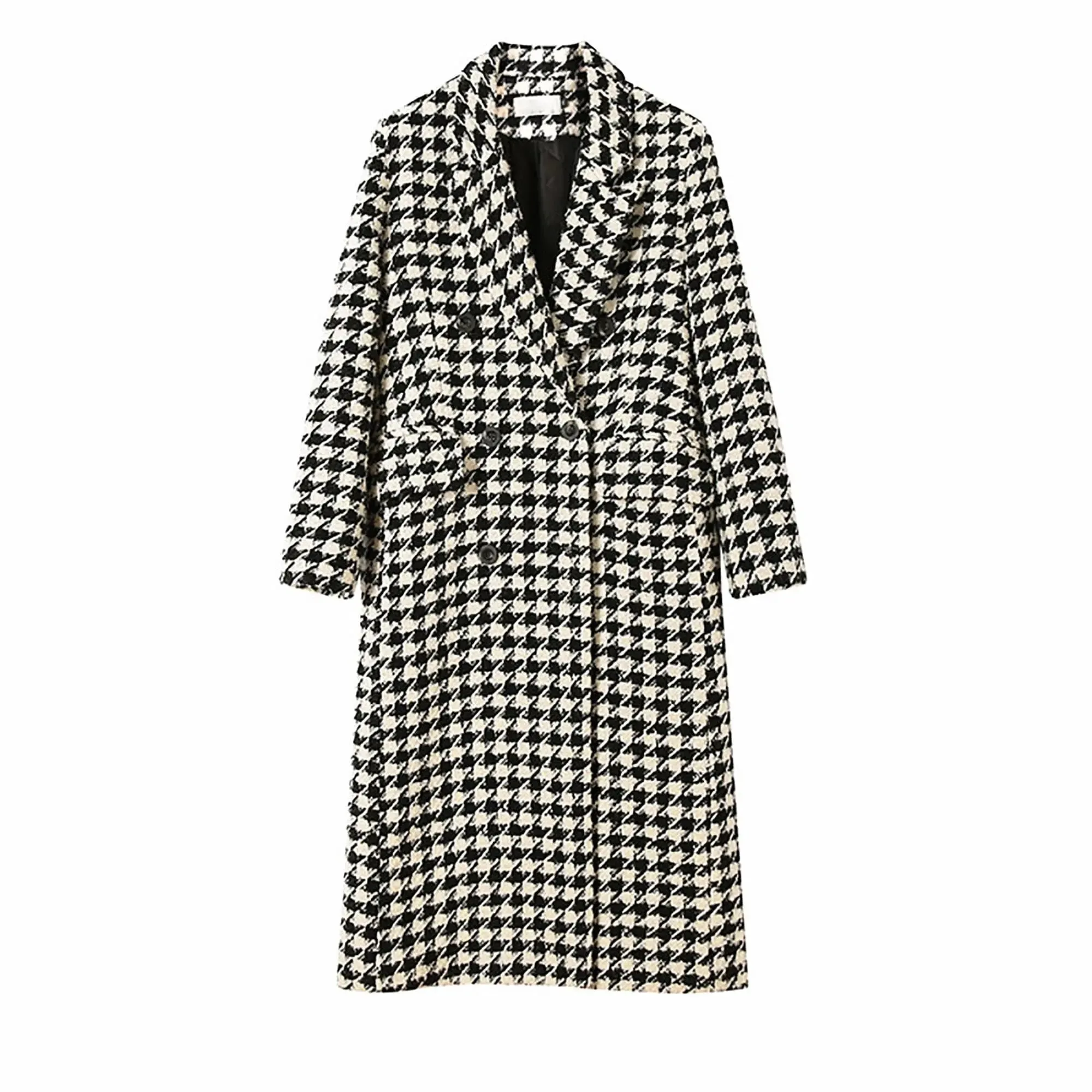 Black White Houndstooth Double Breasted Wool Blend Long Coat