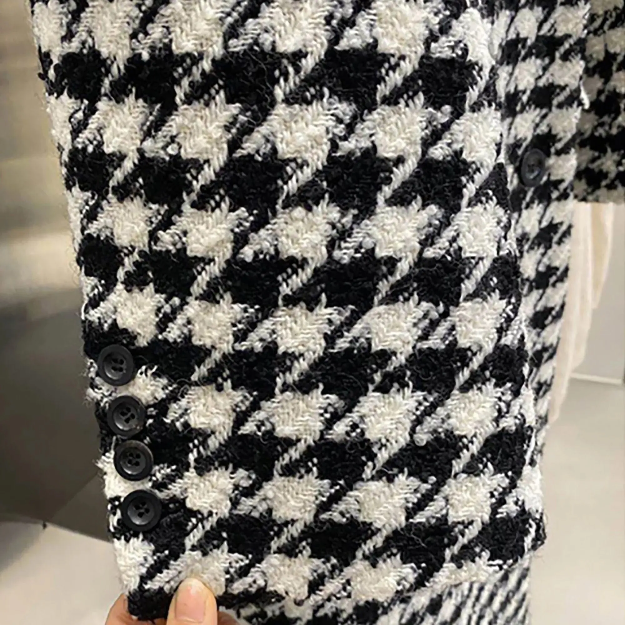 Black White Houndstooth Double Breasted Wool Blend Long Coat