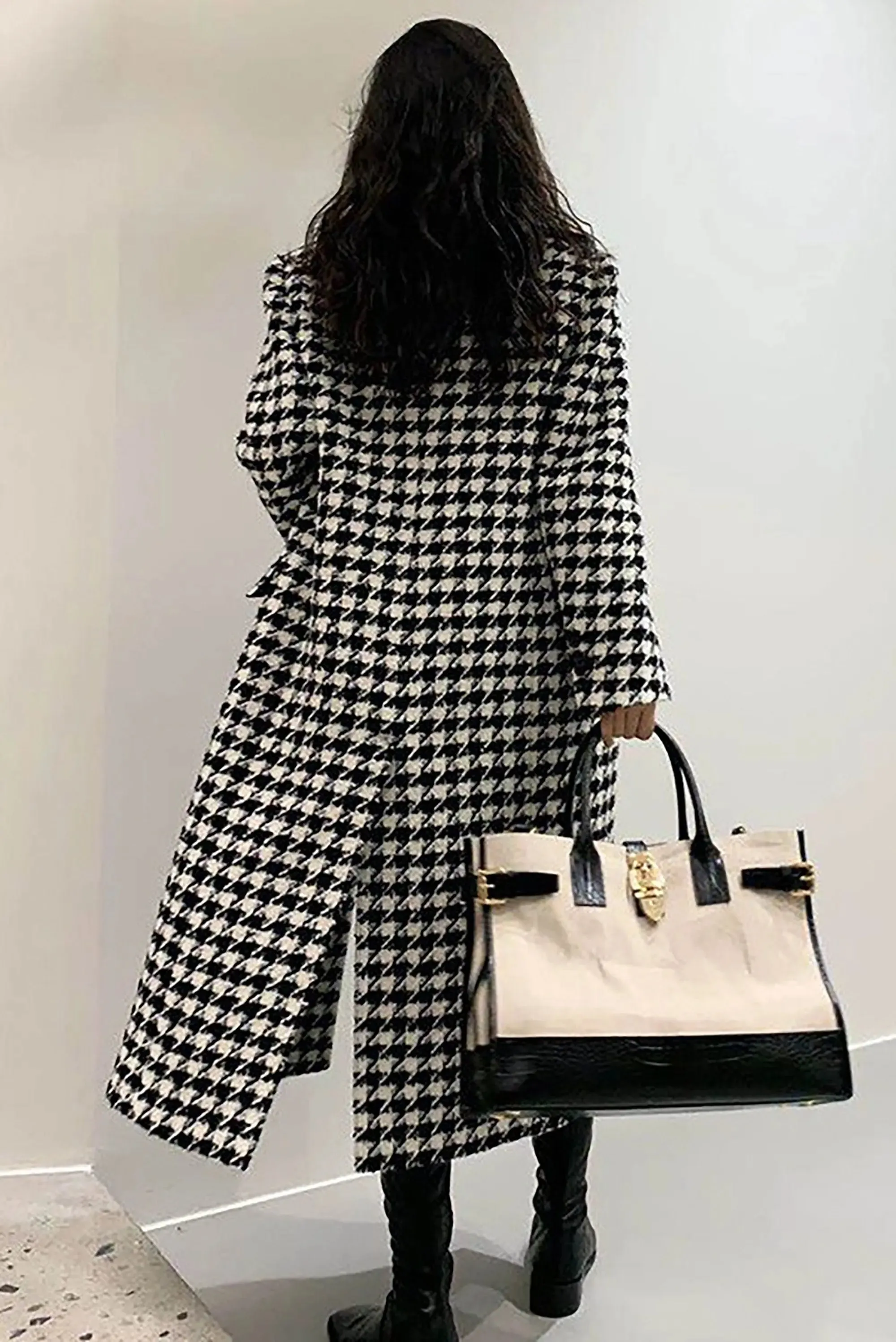 Black White Houndstooth Double Breasted Wool Blend Long Coat