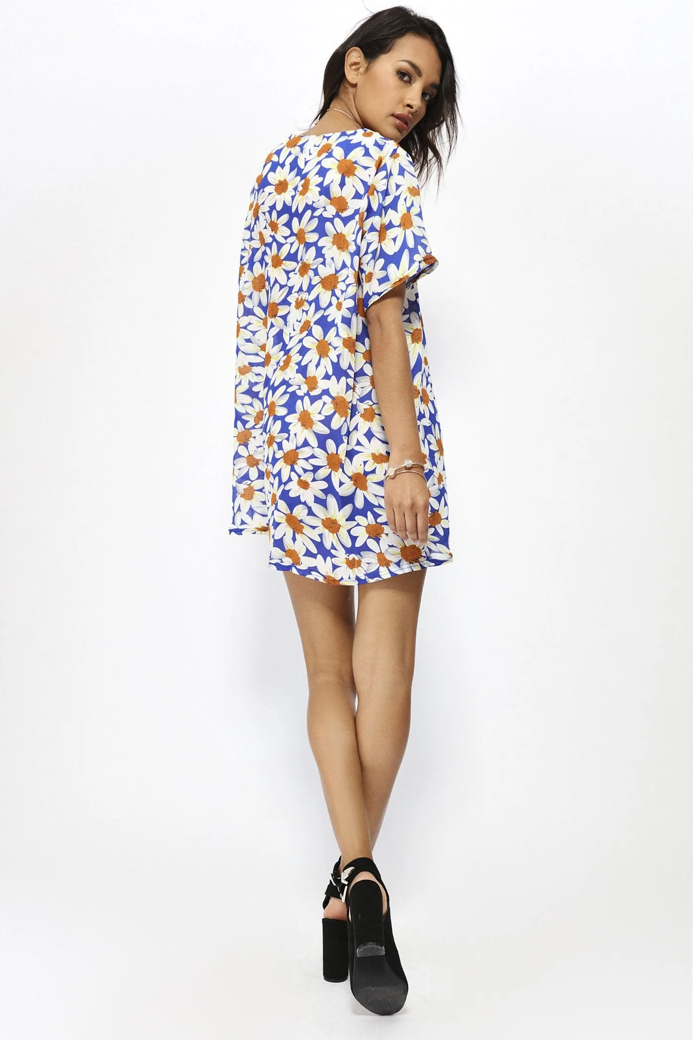 Blue Daisy Print Tunic Mini Dress