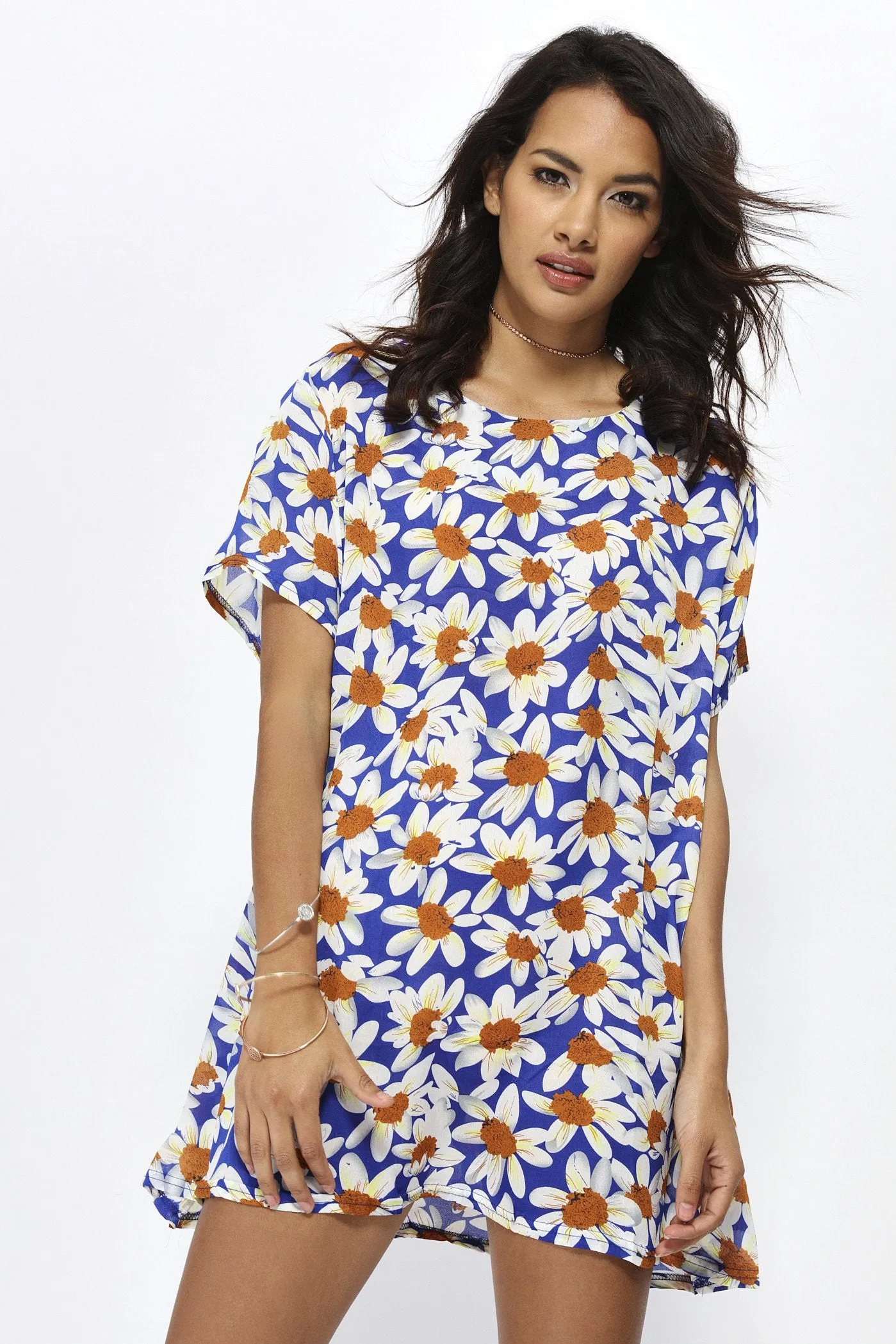 Blue Daisy Print Tunic Mini Dress