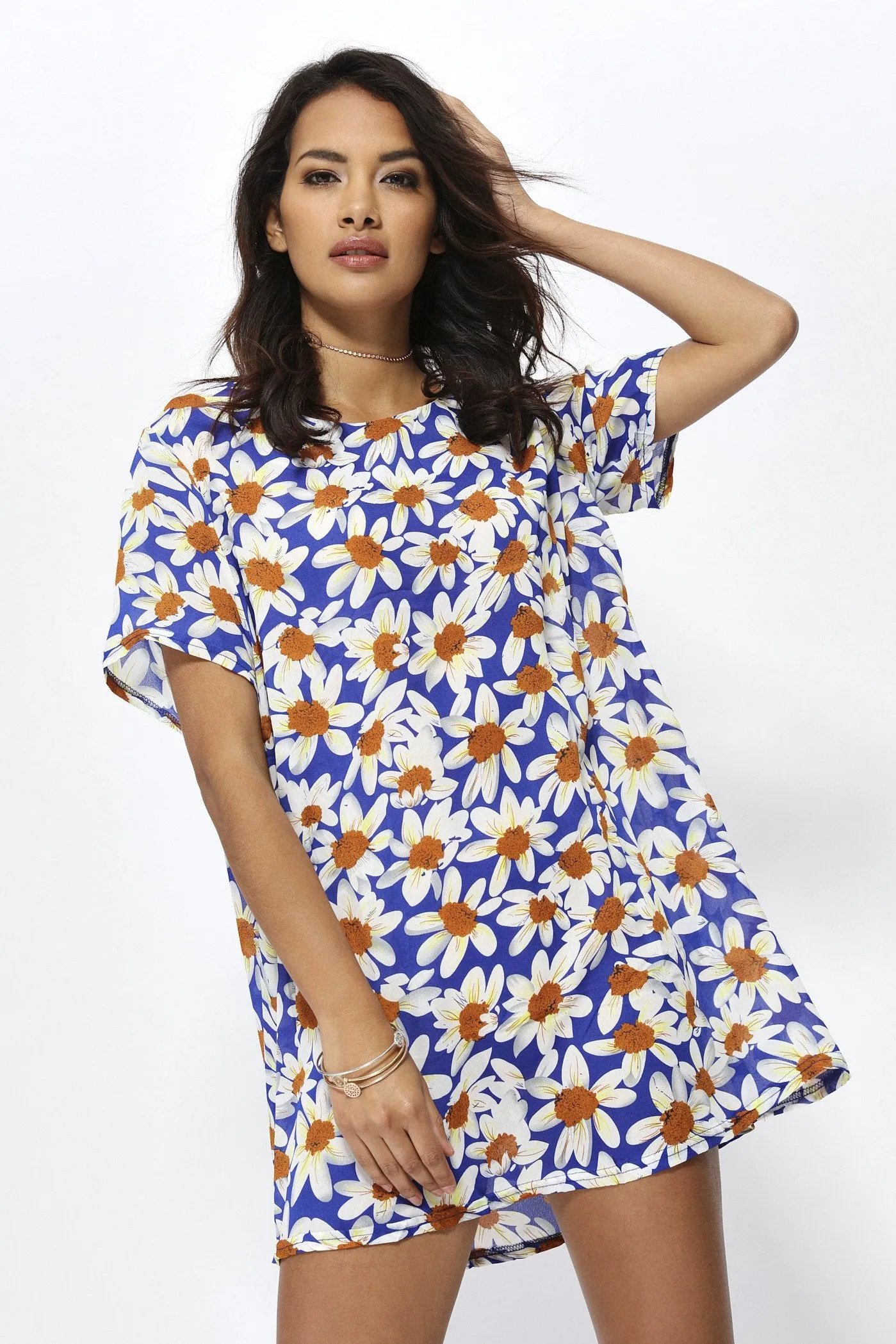 Blue Daisy Print Tunic Mini Dress