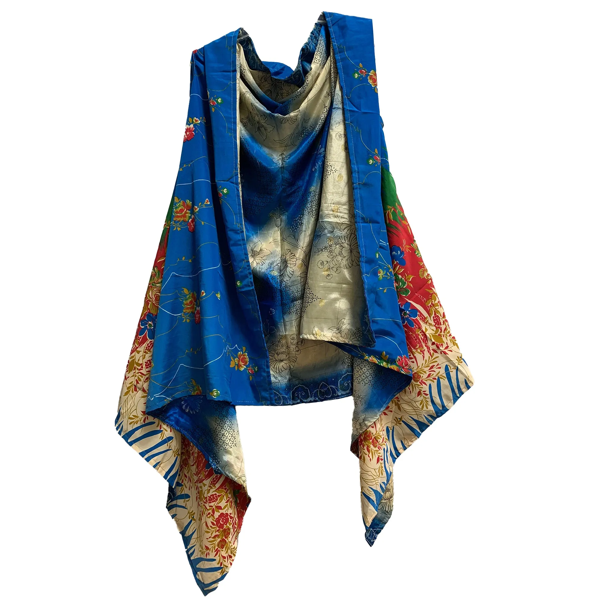 Boho Fashion Silk Saree Patchwork Open Front Reversible Printed Vest Cardigan Duster Jacket