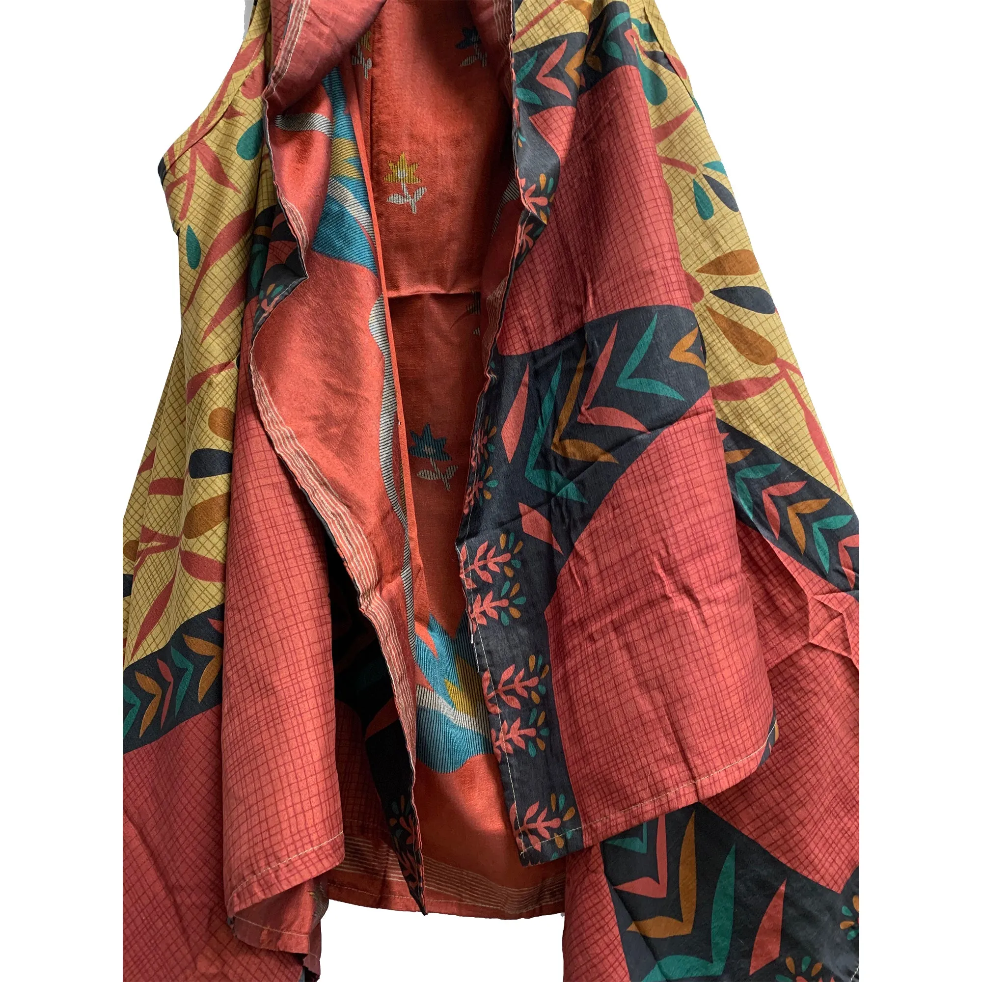 Boho Fashion Silk Saree Patchwork Open Front Reversible Printed Vest Cardigan Duster Jacket